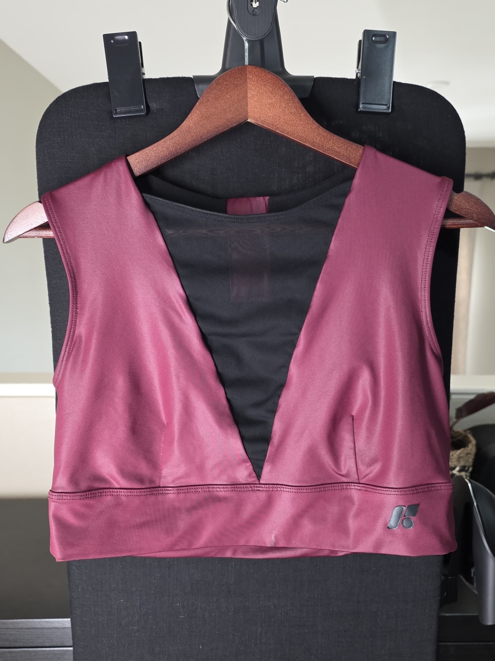 Forme Deep V Sports Crop Top in Wine with Black Mesh